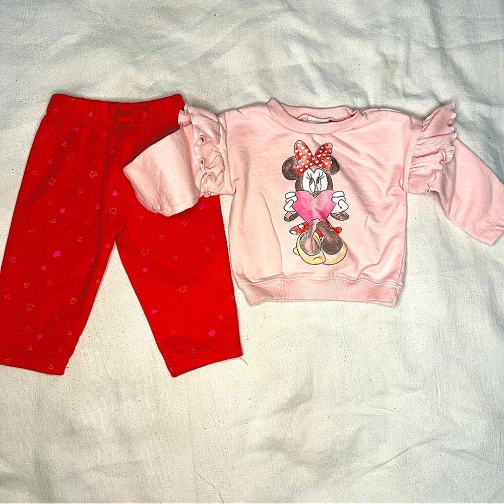 Disney Baby 2 Piece Sweater Pants Set Minnie Mouse Valentine Pink Red 6-9 months